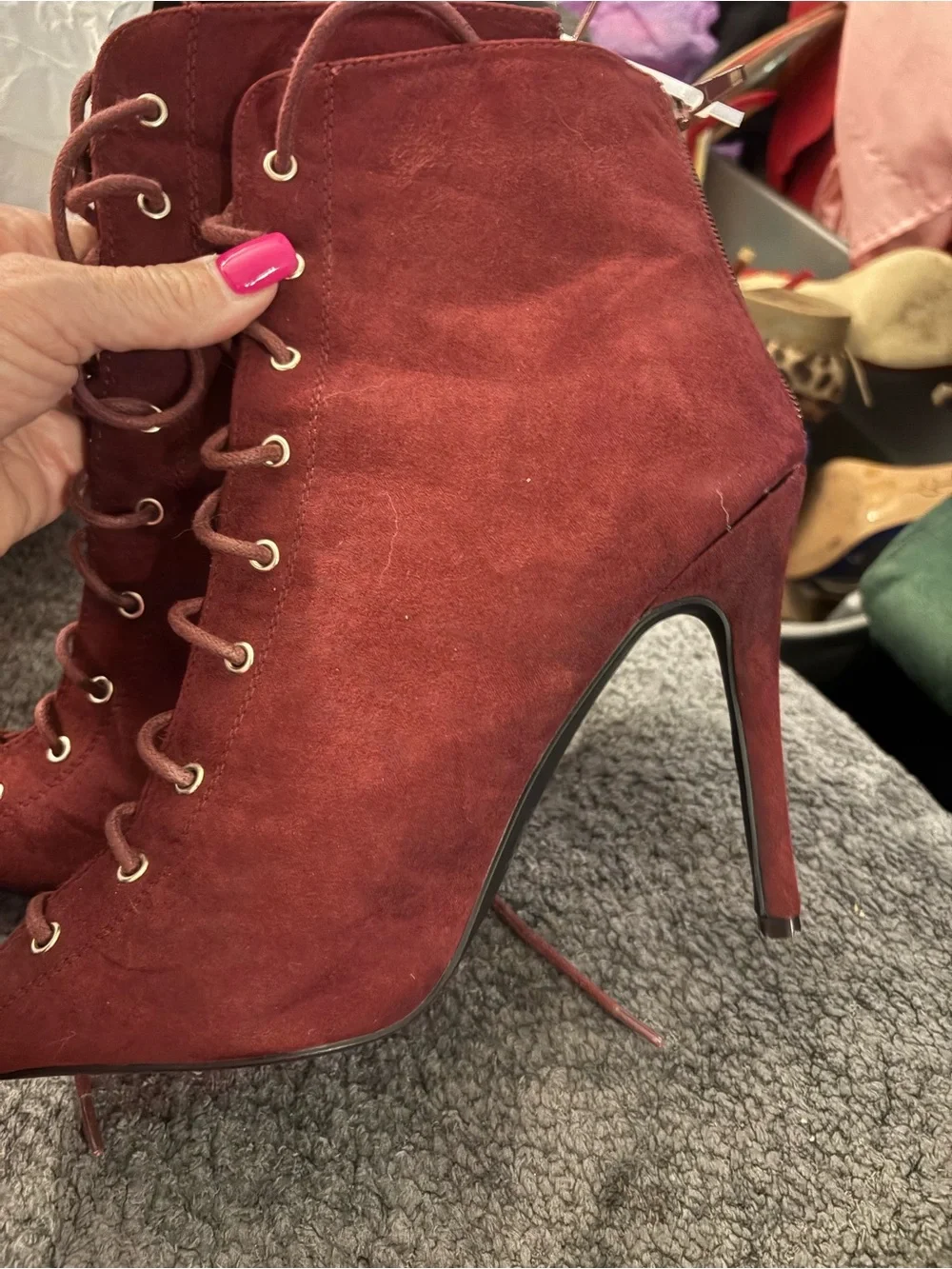 BCBGeneration Lace-Up Peep-Toe Heeled Booties in Wine